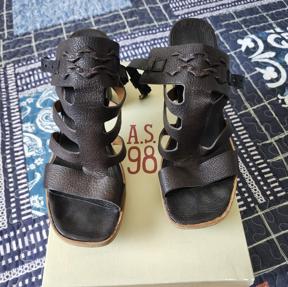 A.S.98 Dark Brown Leather Cutout Heeled Sandals